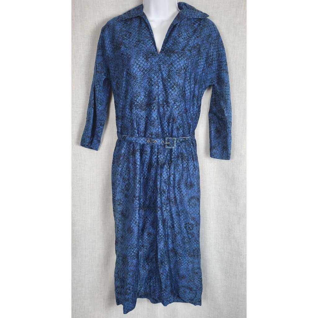 1970s Belted Dress Sz S Blue Long V-Neck Floral Vintage Woodstock Work Timeless
